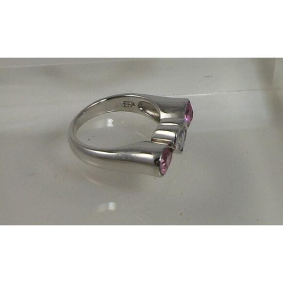 Vintage 1990s Sterling Silver Heart Ring Size 8.75 Pink Ice Simulated Diamond - Picture 2 of 10
